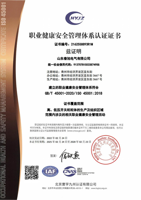 2025 春旭职业健康安全管理体系证书中文带标